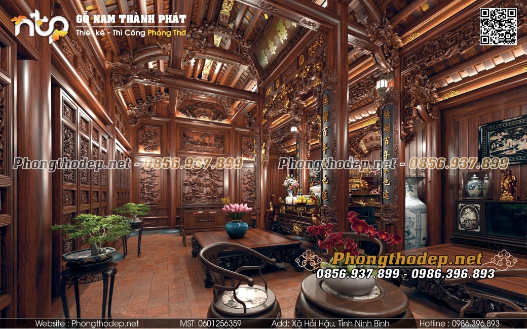 Thiết kế phòng thờ nhà gỗ 3 gian đẹp, sang trọng
